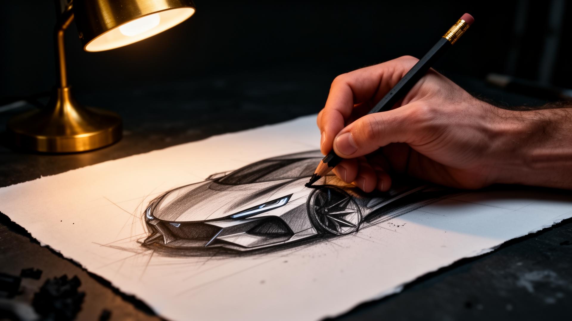 A designer sketching an automotive concept by lamplight