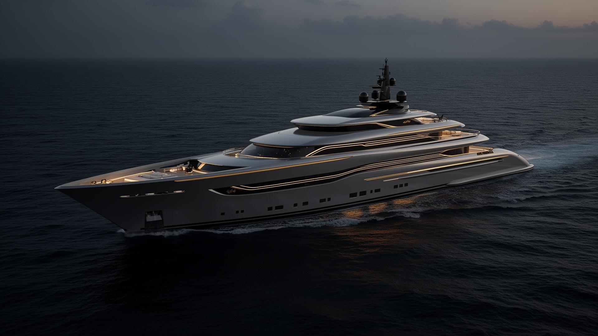 Obsidian Yacht — a sleek matte-black yacht concept with gold accents